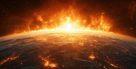 Wall Mural - Fiery celestial event with an erupting planet and bright sun in a glowing universe filled with stars Generative AI