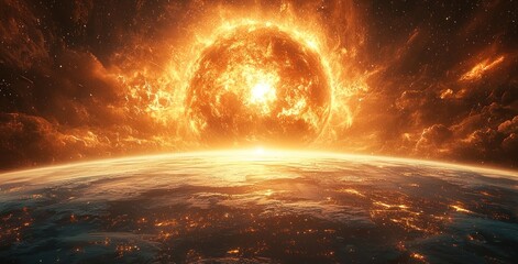Wall Mural - Fiery swirling vortex on a planetary surface with intense flames and cosmic destruction in deep space Generative AI