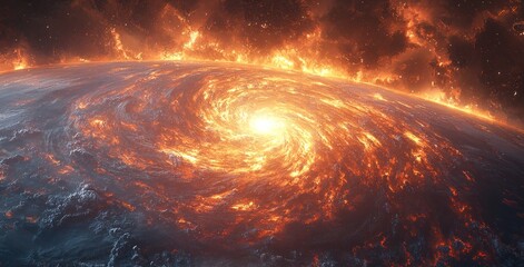 Wall Mural - Fiery swirling vortex on a planetary surface with intense flames and cosmic destruction in deep space Generative AI