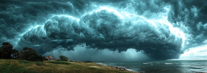 Wall Mural - Massive storm with heavy rainfall and dark clouds over a lush green landscape at sunset creating a dramatic sky Generative AI