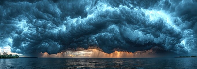 Wall Mural - Massive storm with heavy rainfall and dark clouds over a lush green landscape at sunset creating a dramatic sky Generative AI