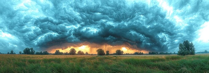 Wall Mural - Massive storm with heavy rainfall and dark clouds over a lush green landscape at sunset creating a dramatic sky Generative AI