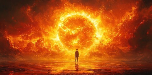 Wall Mural - Silhouette of a person standing before a massive, fiery sun surrounded by intense flames and glowing light Generative AI