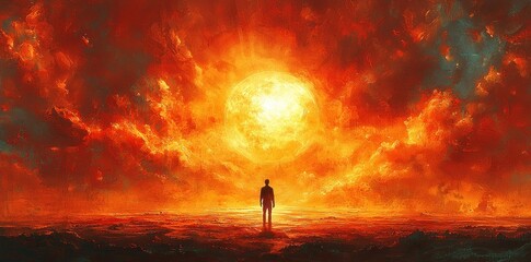 Wall Mural - Silhouette of a person standing before a massive, fiery sun surrounded by intense flames and glowing light Generative AI