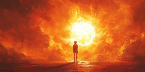 Wall Mural - Silhouette of a person standing before a massive, fiery sun surrounded by intense flames and glowing light Generative AI