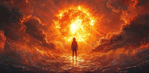 Wall Mural - Silhouette of a person standing before a massive, fiery sun surrounded by intense flames and glowing light Generative AI