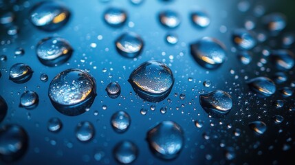 Close-up of water droplets on a blue surface with reflections and bokeh effects Generative AI