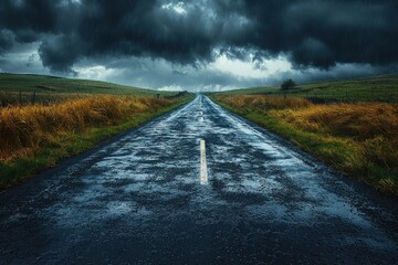Wall Mural - Dramatic road stretching into the horizon under dark storm clouds with a glowing sunset in the distance Generative AI