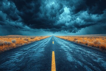 Wall Mural - Dramatic road stretching into the horizon under dark storm clouds with a glowing sunset in the distance Generative AI