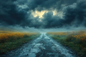 Wall Mural - Dramatic road stretching into the horizon under dark storm clouds with a glowing sunset in the distance Generative AI
