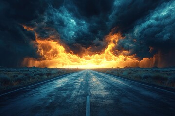 Wall Mural - Dramatic road stretching into the horizon under dark storm clouds with a glowing sunset in the distance Generative AI