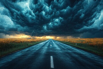 Wall Mural - Dramatic road stretching into the horizon under dark storm clouds with a glowing sunset in the distance Generative AI