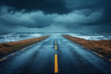 Wall Mural - Dramatic road stretching into the horizon under dark storm clouds with a glowing sunset in the distance Generative AI