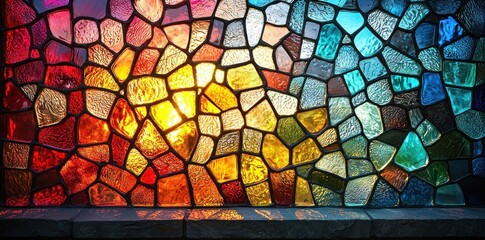 Wall Mural - Close-up of vibrant stained glass with colorful patterns illuminated by warm light Generative AI