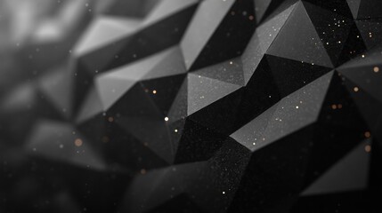 Poster - Close-up of an abstract dark geometric surface featuring sharp polygonal shapes and subtle golden particles for a modern effect.
