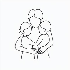 Simple line drawing of a mother holding two children in her arms Generative AI