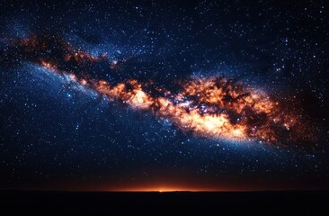 Wall Mural - Vibrant Milky Way galaxy stretching across a starry night sky with a glowing horizon beneath, cosmic and celestial beauty Generative AI