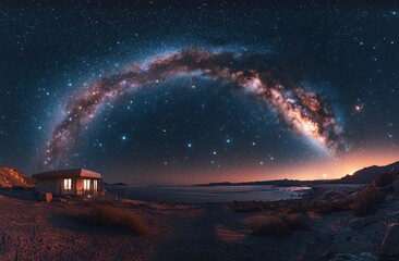 Wall Mural - Vibrant Milky Way galaxy stretching across a starry night sky with a glowing horizon beneath, cosmic and celestial beauty Generative AI