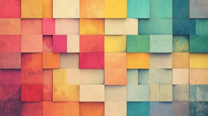Poster - Abstract composition of multicolored blocks in a grid-like pattern, featuring various shades of pink, yellow, blue, and green, creating a vibrant geometric design.