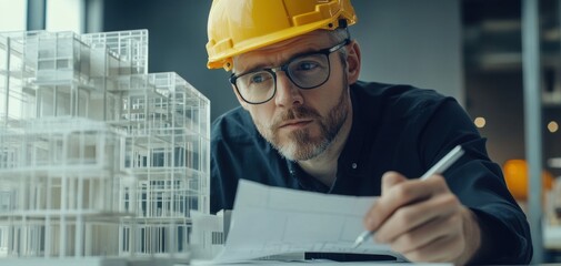 Architect in a yellow helmet and glasses studies the blueprints of a white model of a building. He holds a pen in his hand and works on a plan for a construction project of a modern building complex