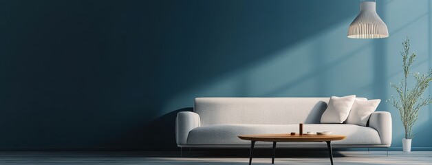 A stylish, minimalist living room with a grey sofa, wooden coffee table, and blue wall.