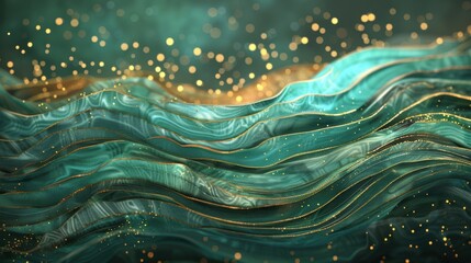Poster - Abstract teal waves with gold accents flowing across a dark background, surrounded by glowing particles and smooth textures.