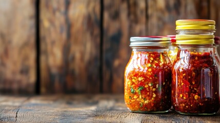 Glass jars filled with spicy condiments like chili oil, garlic sauce, and salsa, set against a rustic wooden background.