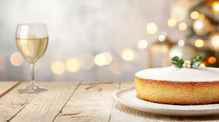 Wall Mural - Festive holiday cake with sugar dusting and wine glass on wooden table with bokeh lights