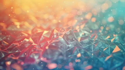 Poster - A complex abstract geometric mesh with glowing particles scattered across, featuring a blend of warm and cool tones in a futuristic design.