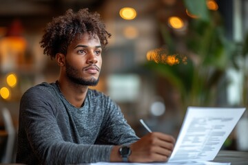 Poster - Man with a beard is sitting at a table with a piece of paper in front of him. He is writing on the paper with a pen. Chatbot conducting a pre-screening interview for a job opening