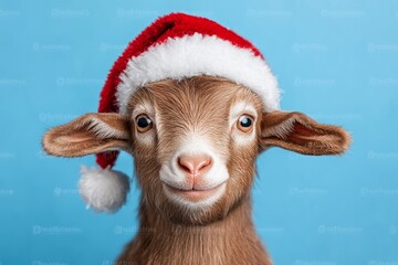 Wall Mural - Goat wearing a Santa hat and smiling. The goat is standing in front of a Christmas tree. brown goat wearing a santa hat, snowy scene with christmas tree in background, blue background,