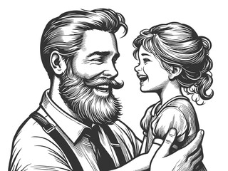 father joyfully hugging his smiling daughter, a moment of love and connection sketch engraving generative ai fictional character raster illustration. Scratch board imitation. Black and white image.