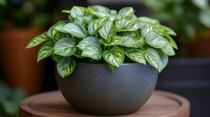 a close-up view of a potted houseplant with variegated leaves.