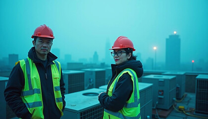 on a rooftop, two hvac technicians in hard hats and reflective vests stand by air conditioning units