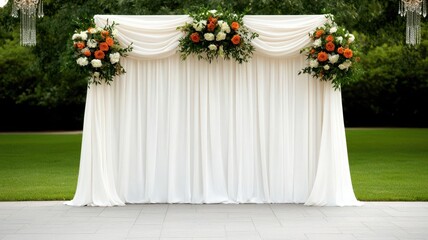 Elegant garden wedding altar draped in white fabric, with crystal chandeliers hanging from the trees and floral arrangements at each side