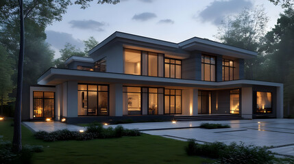 Sticker - Modern architectural house with illuminated exterior at dusk.