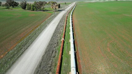 Poster - pipeline next to a road in a vast green agriculture field on a sunny day in South Australia