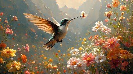 Wall Mural - A hummingbird in flight, with its beak outstretched towards a delicate flower, surrounded by a vibrant field of colorful blooms, set against a backdrop of majestic mountains.