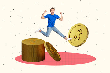 Aufkleber - Creative collage young cheerful man golden coins stack pile money successful trader investor dollar funds capital business