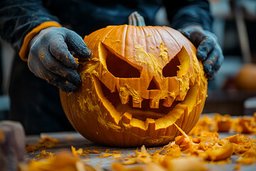 Generative AI photo of funny halloween pumpkins outdoors horror autumn night decor