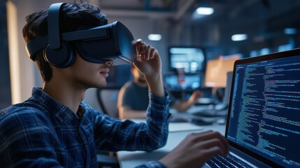 Young developer adjusting VR headset while working on a laptop, another teammate in the background coding. Neutral office background with minimal details.
