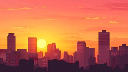 A vibrant orange sunset casts a warm glow over a modern cityscape, with tall buildings silhouetted against the sky.