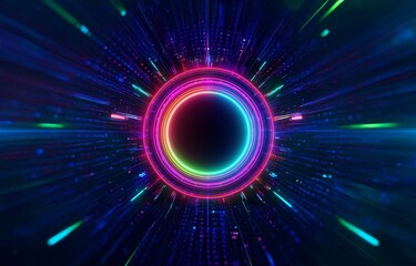 Wall Mural - a glowing, neon circle surrounded by streaks of light radiating outwards from the center.