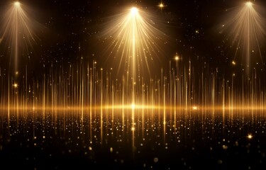 Poster - three spotlights illuminate a stage with shimmering gold dust and vertical rays of light.