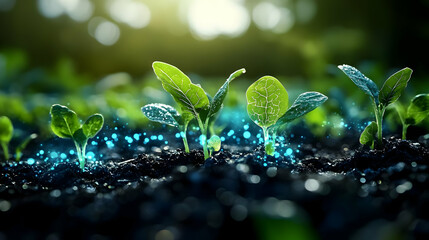 Sticker - Young plants sprouting in soil, illuminated by soft light.