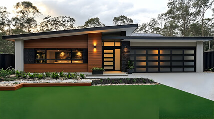 Sticker - Modern home exterior with landscaped garden and driveway.