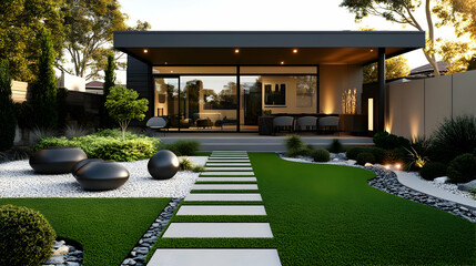 Canvas Print - Modern garden design with pathway and contemporary architecture.