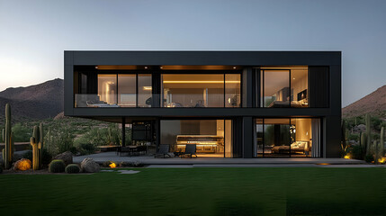 Canvas Print - Modern two-story house in a desert landscape at dusk.