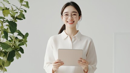 Poster - A woman smiling while holding a tablet in a bright, modern office space during the day