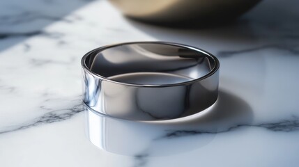 A sleek, minimalist cuff bracelet with a smooth metal finish, placed on a marble surface for a modern look